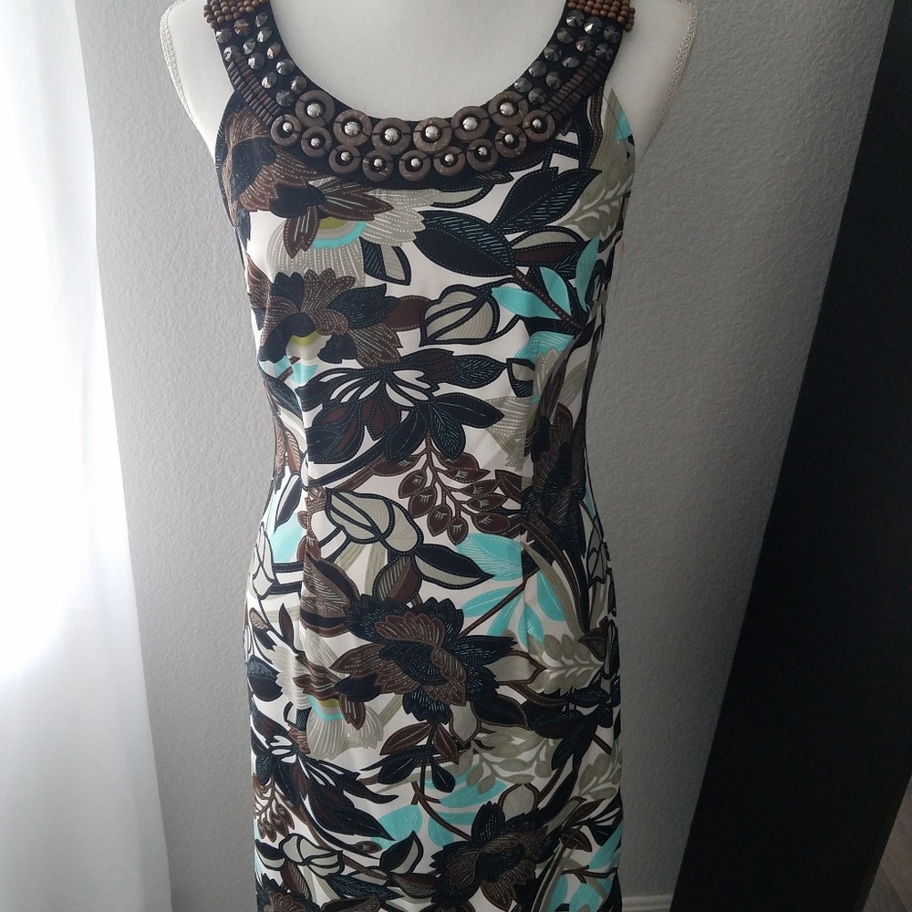 NWT Brown and Aqua Dress with Embellished Neckline
